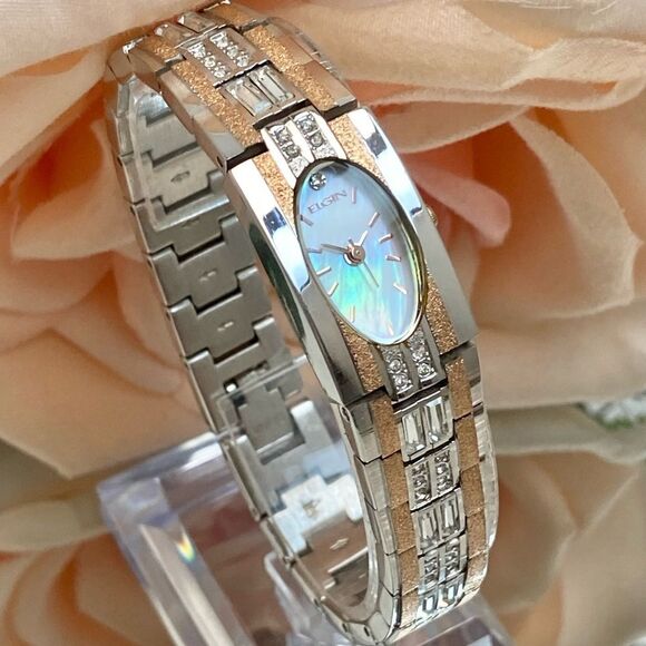 Elgin Crystal Accented Two-Tone Dress Watch with Mother of Pearl Dial - Picture 1 of 16